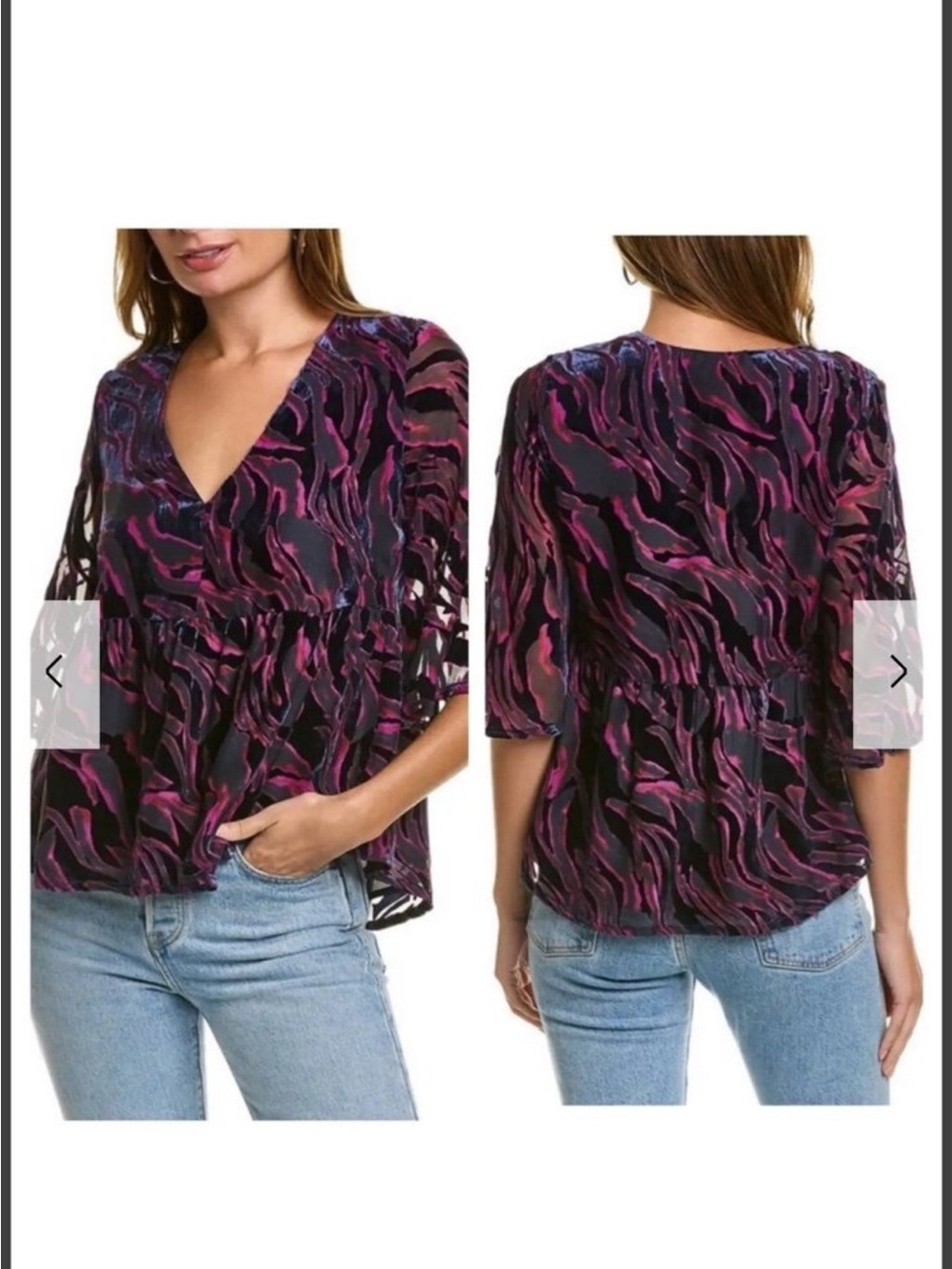 JOHNNY WAS Selene Tiered Top Velvet V-Neck Printed Peasant Blouse Small